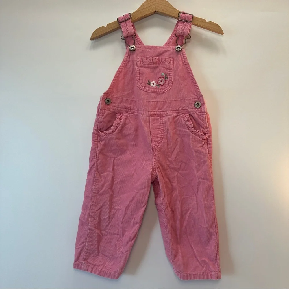 VTG Oshkosh B’Gosh 12 Month Pink Corduroy Vestbak Overalls Embroidered Floral
